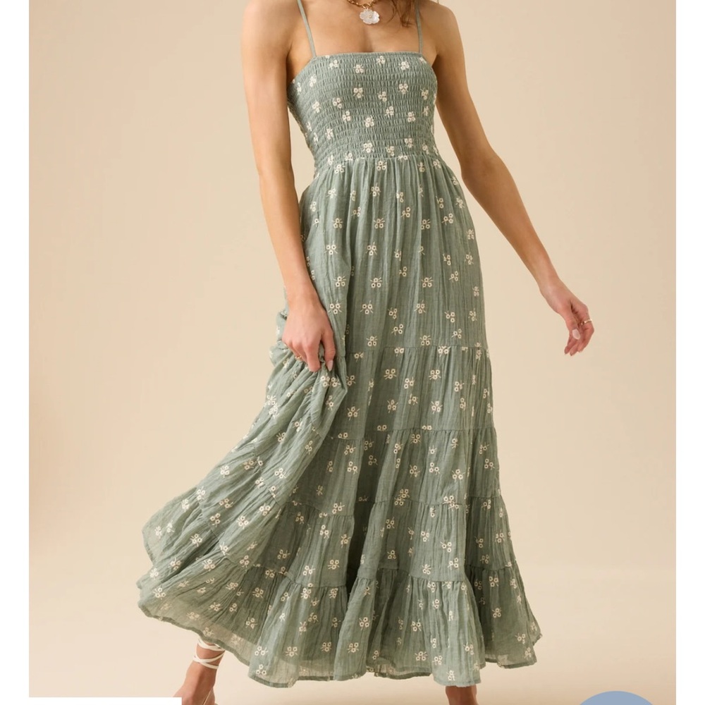 ALTAR’D STATE Baylor Embroidered dress Sage Green Smocked Floral Maxi Medium